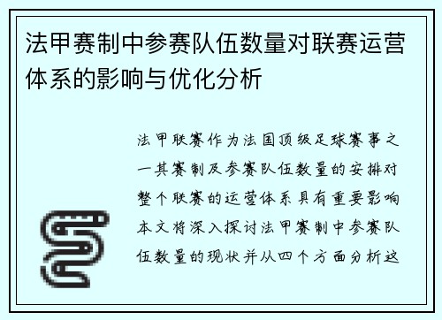 法甲赛制中参赛队伍数量对联赛运营体系的影响与优化分析