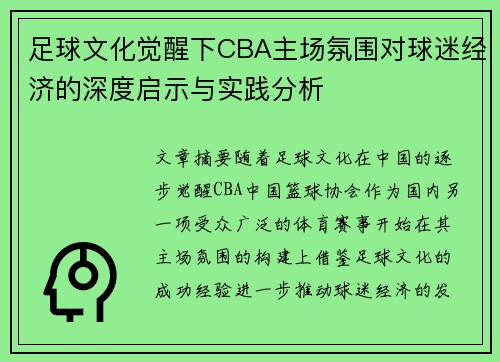 足球文化觉醒下CBA主场氛围对球迷经济的深度启示与实践分析