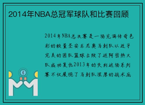 2014年NBA总冠军球队和比赛回顾